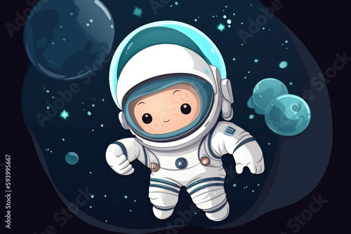 Cute white cartoon astronaut flying in zero gravity space