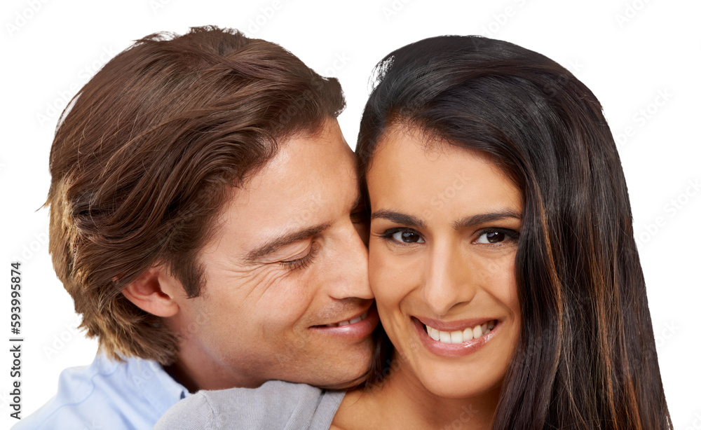 Happy, love and portrait of woman and man with smile on isolated, png and transparent background. Relationship, marriage and face of couple hugging, embrace and together for valentines day romance