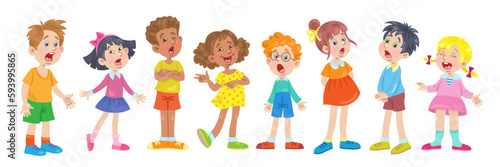 Group of funny children of different nationalities sing a song. Four little girls and four boys stand together. In cartoon style. Isolated on white background. Vector flat illustration.