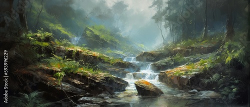 Cascading waterfalls in lush green unexplored jungle, expedition to find spectacular unspoiled natural beauty, crystal clear flowing rivers, tropical vegetation - generative AI  © SoulMyst