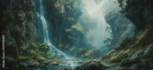 Cascading waterfalls in lush green unexplored jungle, expedition to find spectacular unspoiled natural beauty, crystal clear flowing rivers, tropical vegetation - generative AI  © SoulMyst