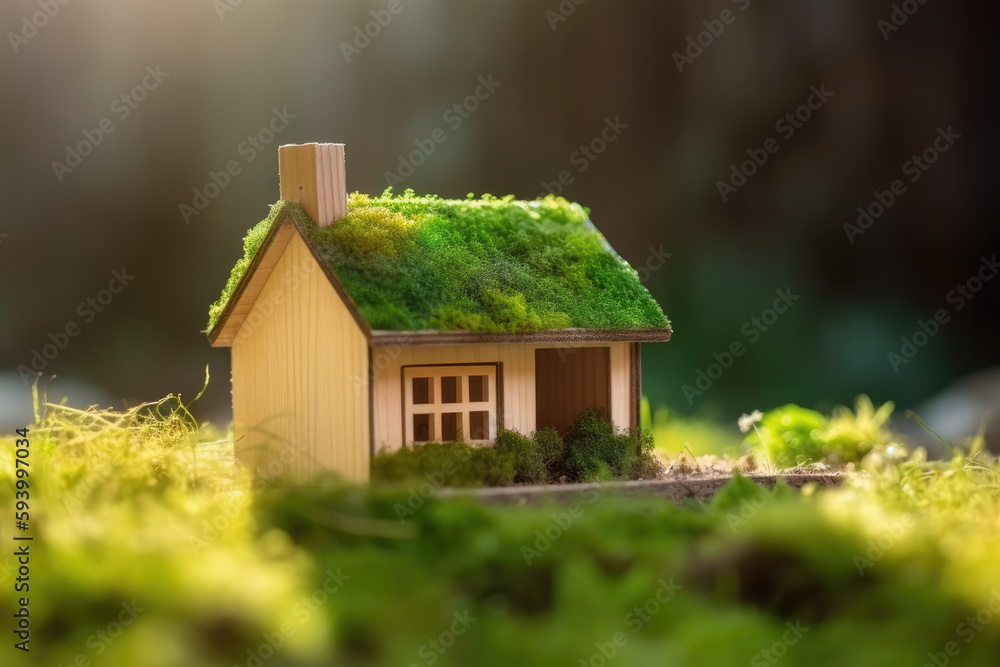 Eco house. Green and environmentally friendly housing concept. Miniature wooden house in spring grass, moss and ferns on a sunny day