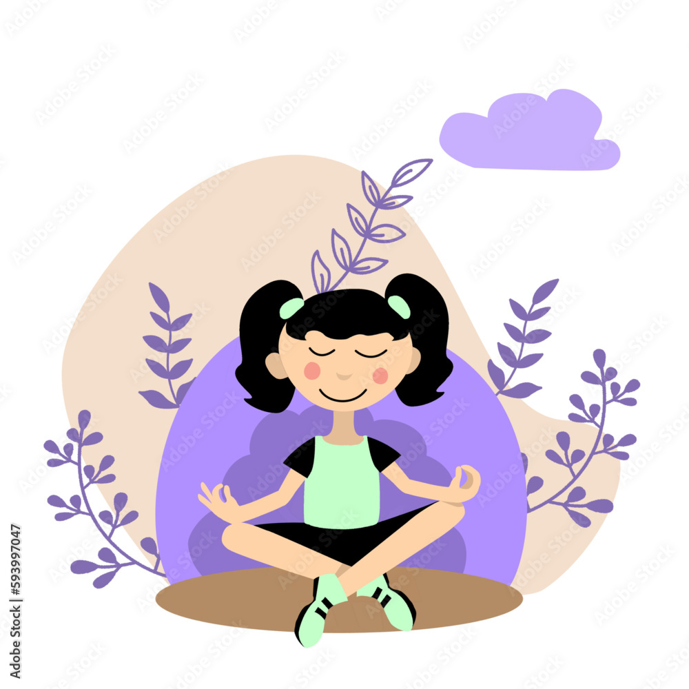 Cute cartoon little girl meditating in lotus pose. 
