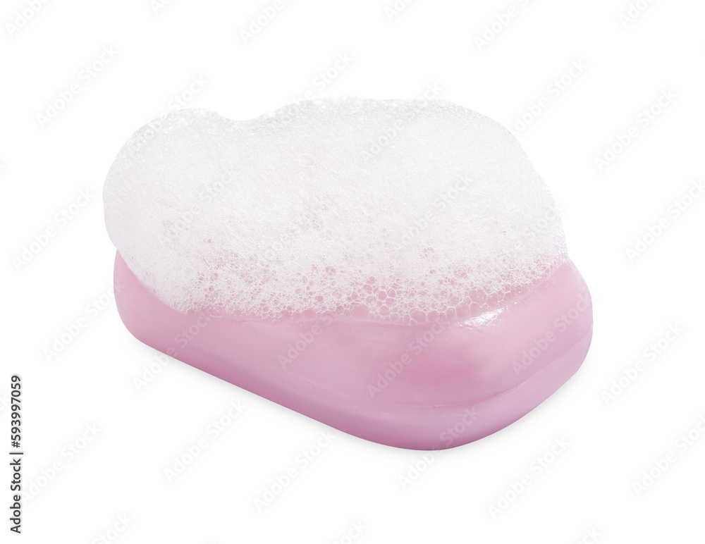 Soap bar with fluffy foam on white background Soap bar with fluffy foam on white background
