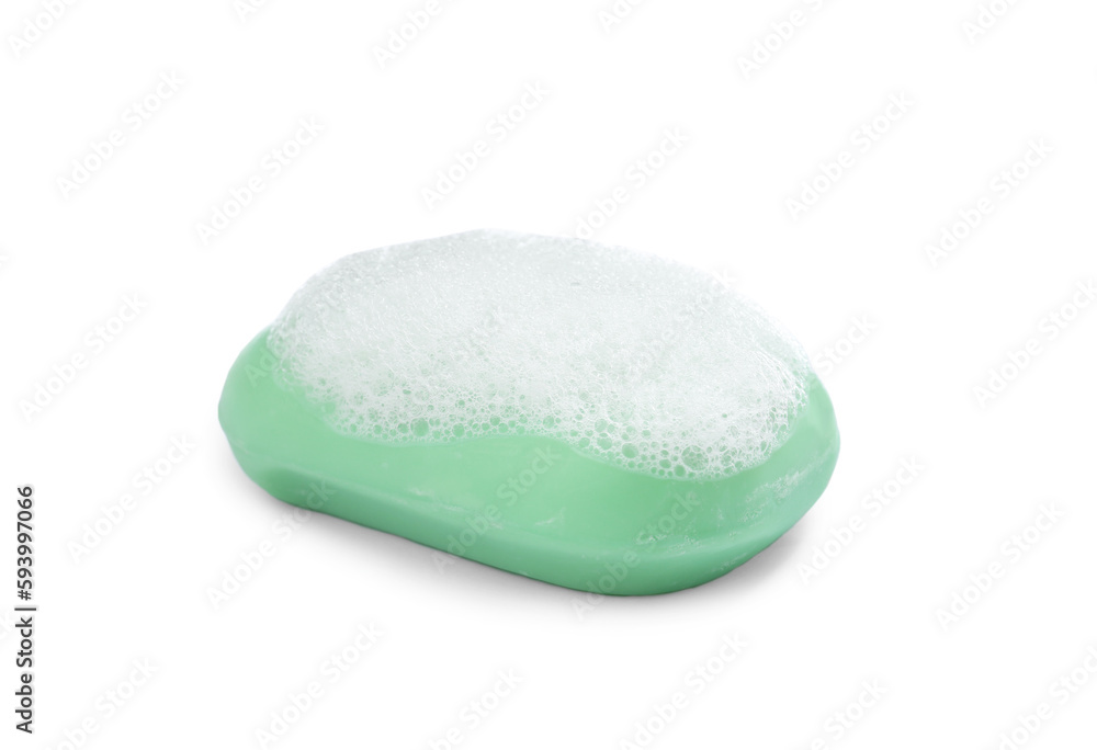 Soap bar with fluffy foam on white background Soap bar with fluffy foam on white background