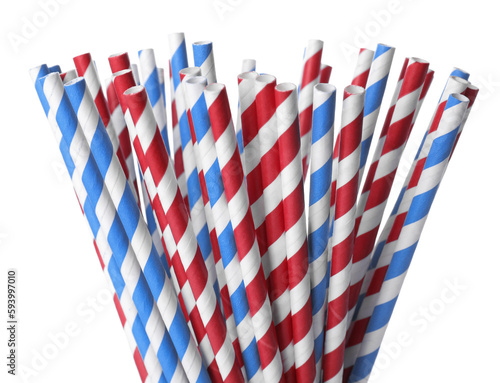 Striped paper cocktail tubes on white background © New Africa