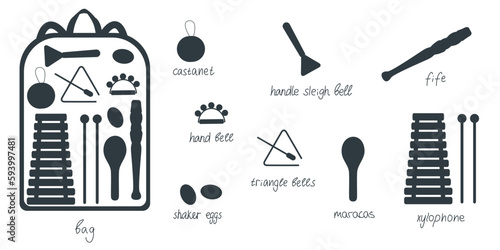 Hand drawn toy musical instruments for kids with backpack. Flat vector silhouette illustration