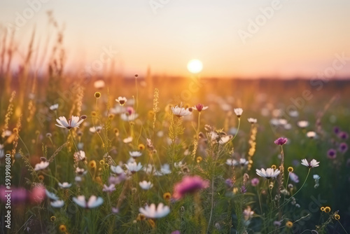 Wildflowers in sunset light. Blooming spring meadow. Field of summer flowers 