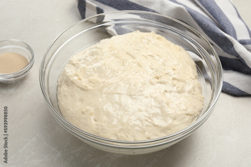 Fresh dough for cake and dry yeast on marble table