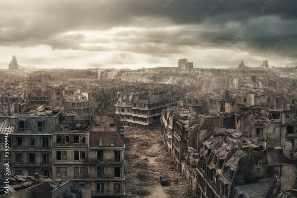 Apocalyptic view of destroyed Paris, post apocalypse after world war. Generative Ai