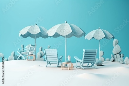 Summer vacation concept, A summer beach with beach umbrella, chairs and accessories, 3d illustration. Generative AI