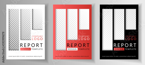 Brochure covers with empty backgrounds. Annual report layouts, business brochure front pages. Empty space for corporate photos. Business cover page templates collection in red white black colors