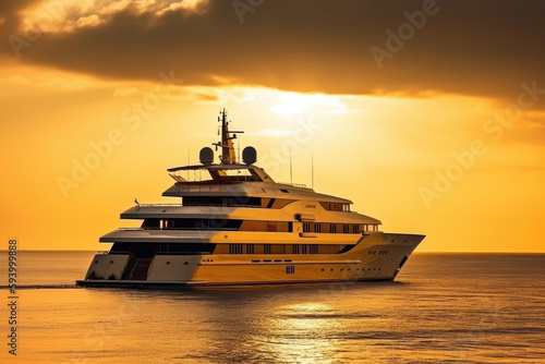 A luxury mega yacht with golden glass in the ocean at a sunset © Roman
