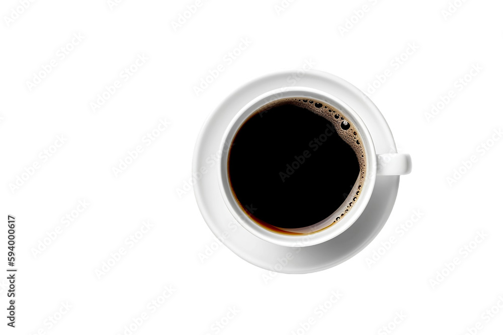 White ceramic coffee cup / mug with steam rising from hot black coffee, isolated on white background, design element for cafe or coffee shop, top view / flat lay photography style - obrazy, fototapety, plakaty 