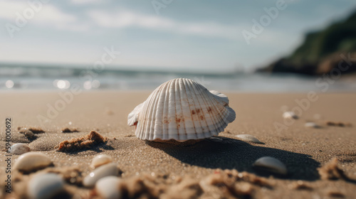small nautilus shell with ocean , beach and seascape, shallow dof. AI generated
