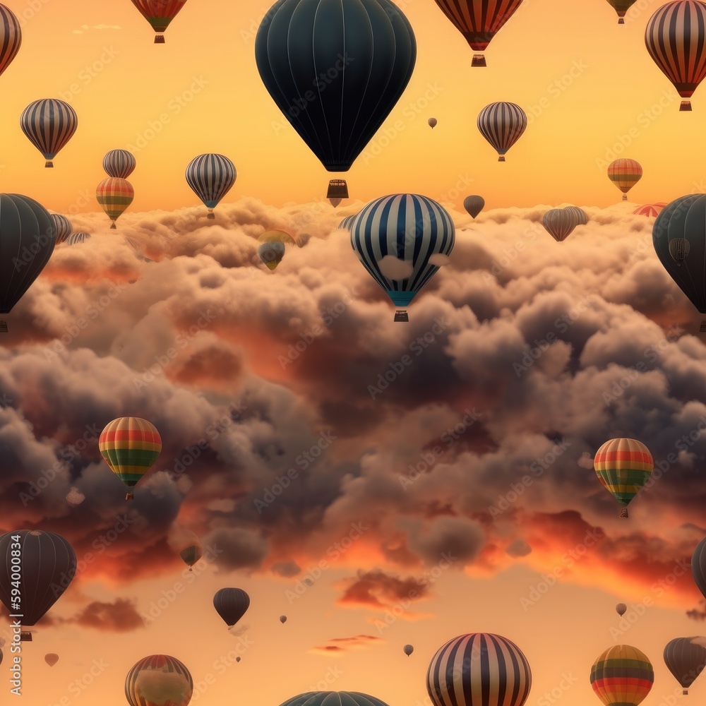 Seamless pattern with air balloons in a sunset sky.  Made with Generative AI	
