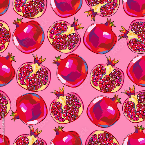 Seamless pattern with pomegranate fruits. Bright colorful fruits on a pink background. A whole pomegranate and half a fruit. Hand drawn in sketch style with black outline. Cartoon design. Vector.