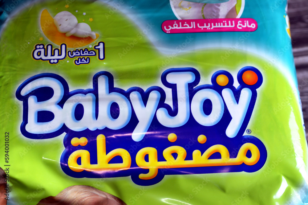 Cairo, Egypt, April 5 2023 Compressed Baby Joy diaper care diapers
