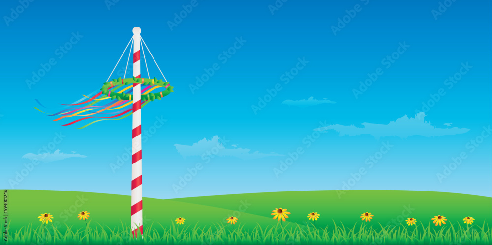 maypole with colorful ribbons on green meadow - obrazy, fototapety, plakaty 