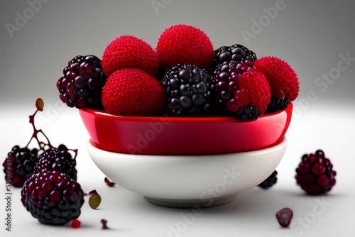 Red bowl with blackberries on white background - generative ai 