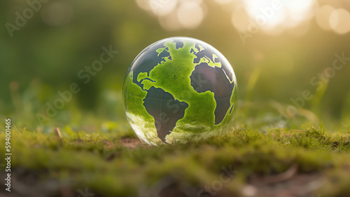 Green Globe with Continents on blurred Natural Background. Happy world earth day concept. Generative AI   © ribelco