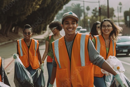 Small group of young adult volunteers cleaning the streets of garbage