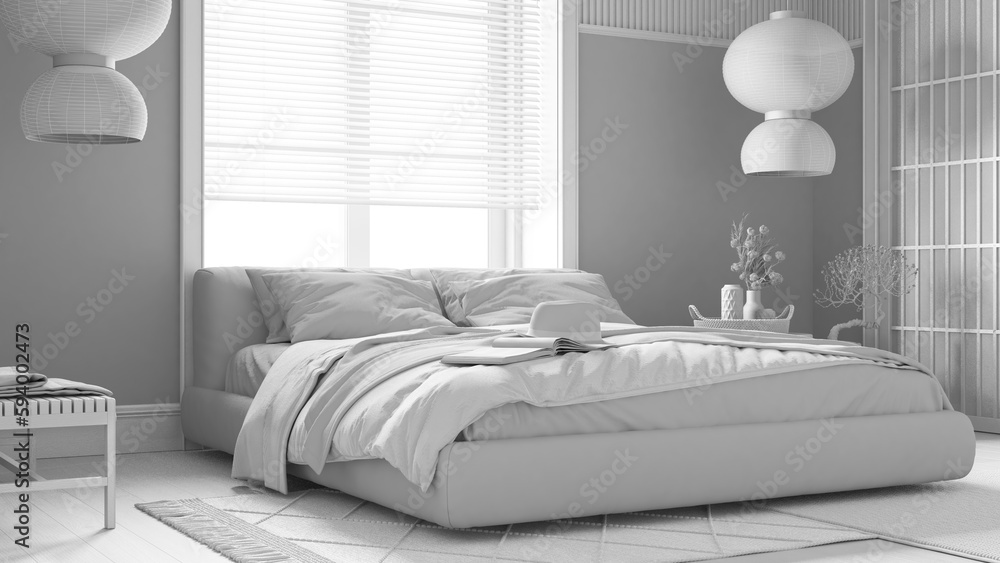 Total white project draft, japandi bedroom with wooden walls. Parquet floor, master bed, carpets and paper lamp. Japanese interior design Total white project draft, japandi bedroom with wooden walls. Parquet floor, master bed, carpets and paper lamp. Japanese interior design