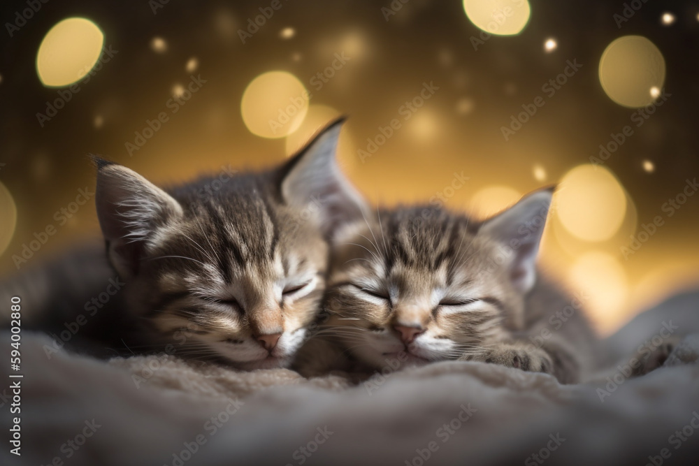 two kittens are sleeping on a blanket with a bokeh of lights in the background. Generative Ai