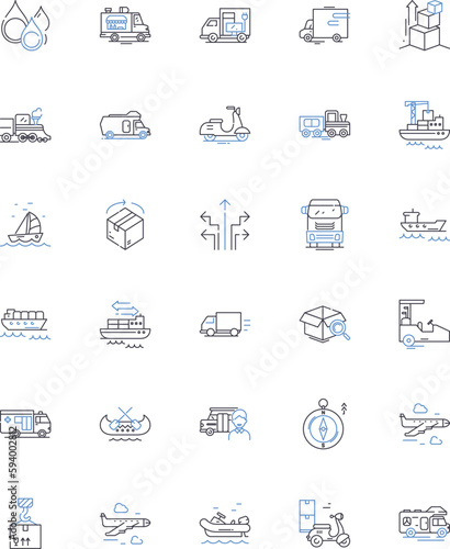 Transporting line icons collection. Shipping, Hauling, Carrying, Moving, Delivering, Distribution, Freight vector and linear illustration. Transit,Conveying,Commuting outline signs set