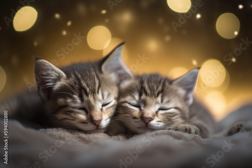 two kittens are sleeping on a blanket with a bokeh of lights in the background. Generative Ai