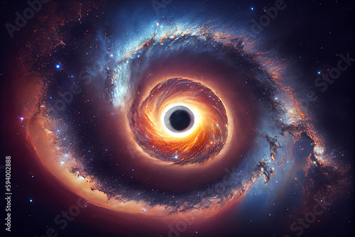Tela Mysterious black hole, spiral galaxy, energy gravitation grid interlaced in dist