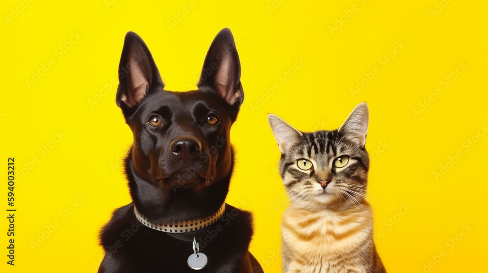 close-up portrait of a cat and a dog on a yellow background. Generative Ai