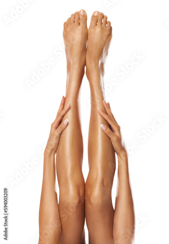 Top view, beauty and closeup legs of woman for laser hair removal, waxing and pedicure. Skincare, female and epilation cosmetics of dermatology, aesthetics or isolated on a transparent png background