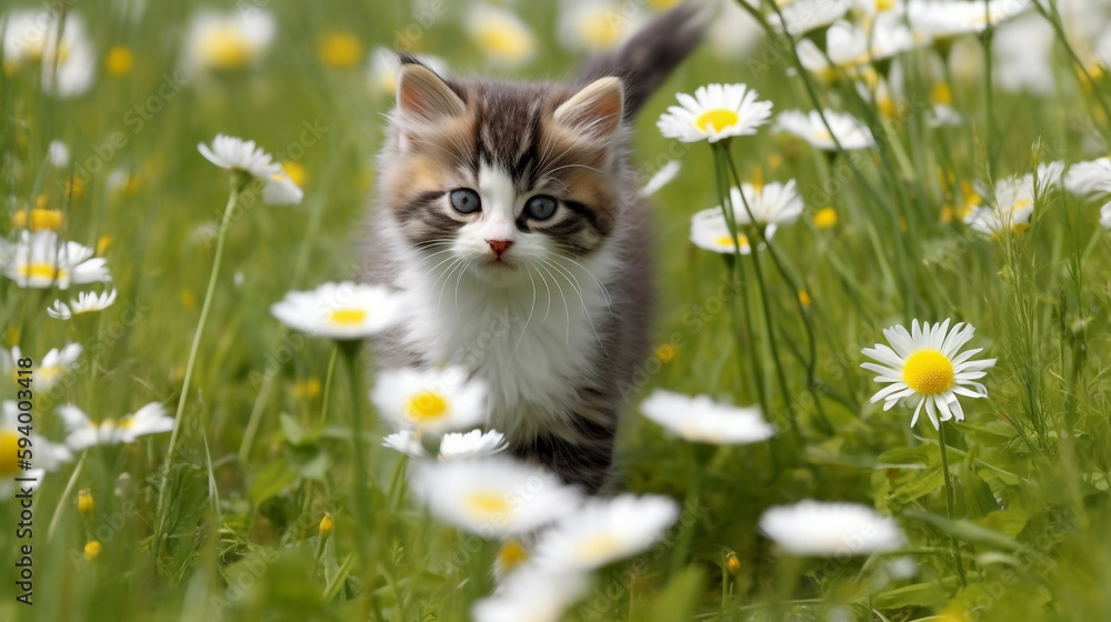 a kitten is standing in a field of daisies. Generative Ai