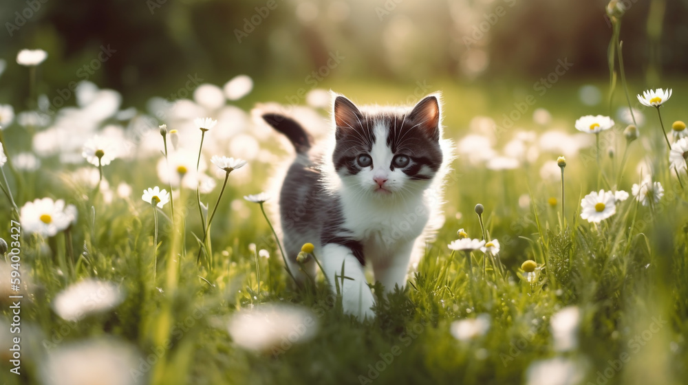 a kitten walking through a field of daisies. Generative Ai a kitten walking through a field of daisies. Generative Ai