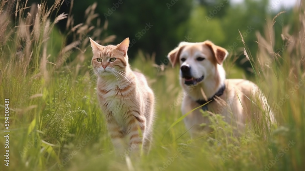 a cat and dog are walking through tall grass. Generative Ai a cat and dog are walking through tall grass. Generative Ai