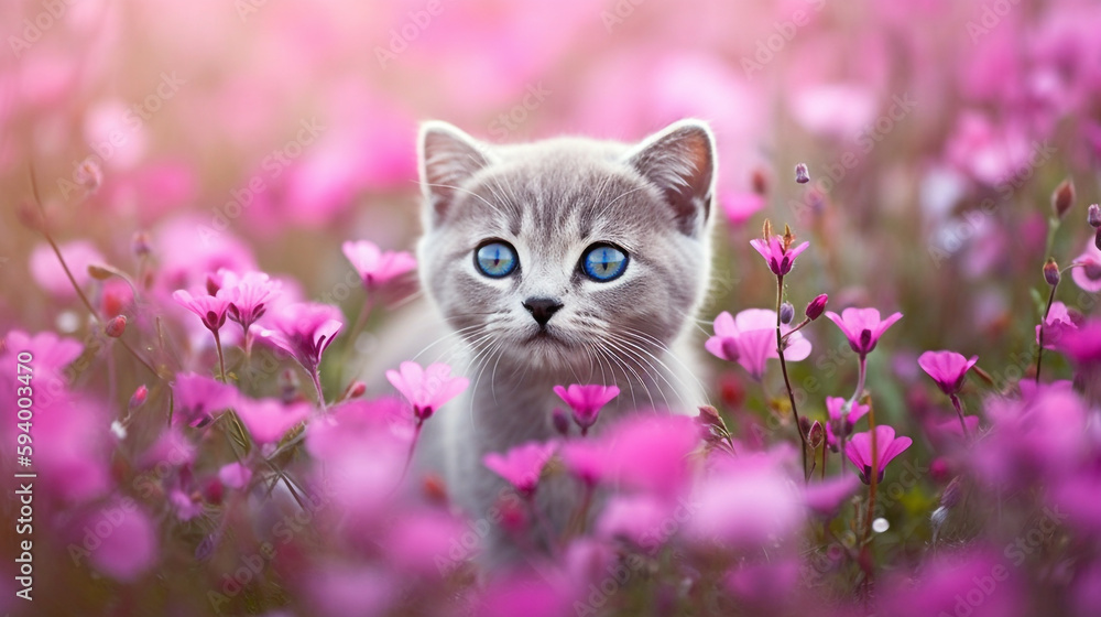 cute blue-eyed kitten peeking out of pink flowers. Generative Ai