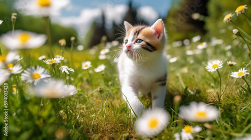 close-up of a cute kitten walking on a sunny day in a green field with flowers. Generative Ai. Generative Ai