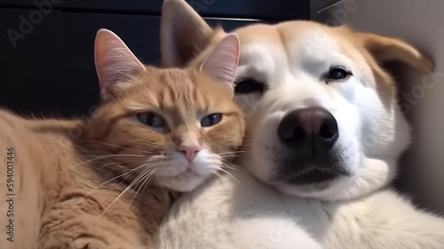 cat and dog lie next to each other, close-up. Generative Ai