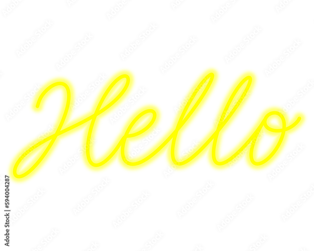 Hello Yellow Neon sign. Hand written calligraphic word. Glowing
