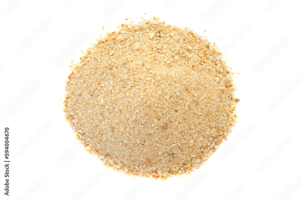 Heap of breadcrumbs isolated on white background, top view. Pile of isolated bread crumbs. Pile of breadcrumbs for nuggets, panko on a white background. Breadcrumbs isolated on white background.