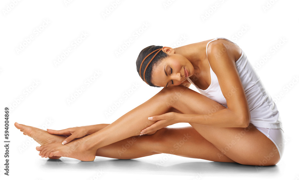 Obraz premium Skincare, woman and legs for smooth dermatology, hair removal results and laser aesthetics. Natural beauty, calm female and epilation cosmetics for healthy glow isolated on transparent png background