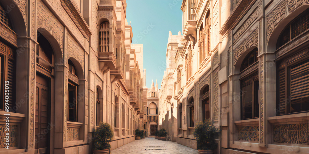 an ornate narrow alley with white buildings,