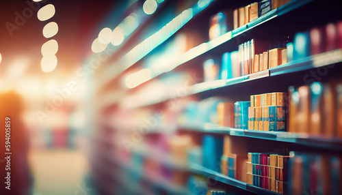 Blurred Background Abstract Bokeh Shelving unit in Shopping store supermarket look at the lights. background, copy space, Generative AI, illustration