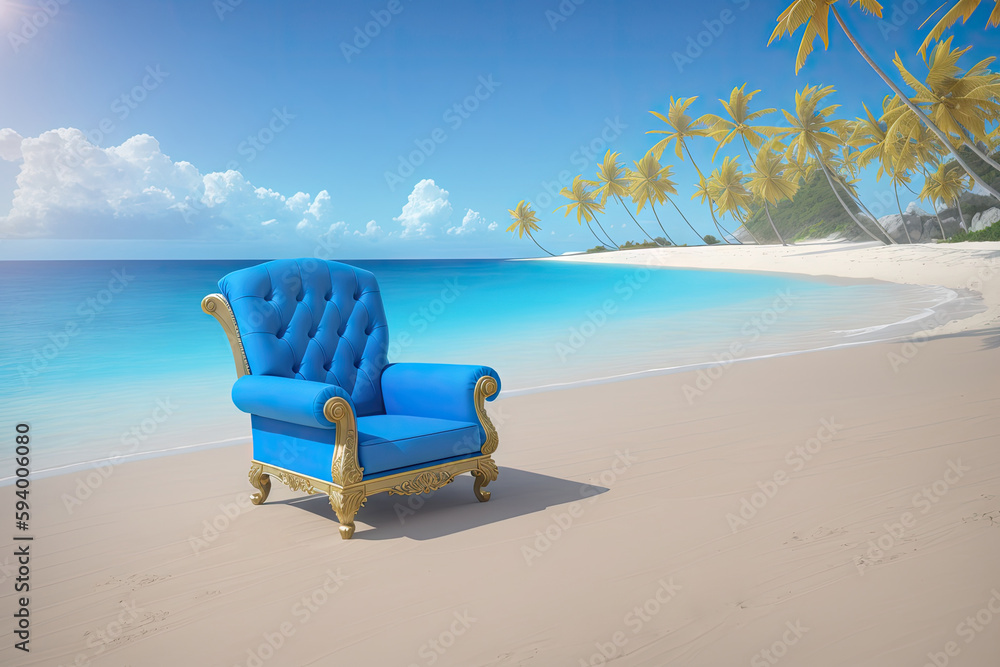Blue lixury chair at the sandy beach, freelance business concept, generative ai