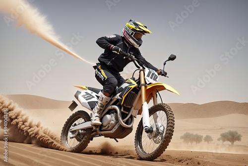Motorcyclist on a cross-country motorcycle go fast at the desert dune, generative ai