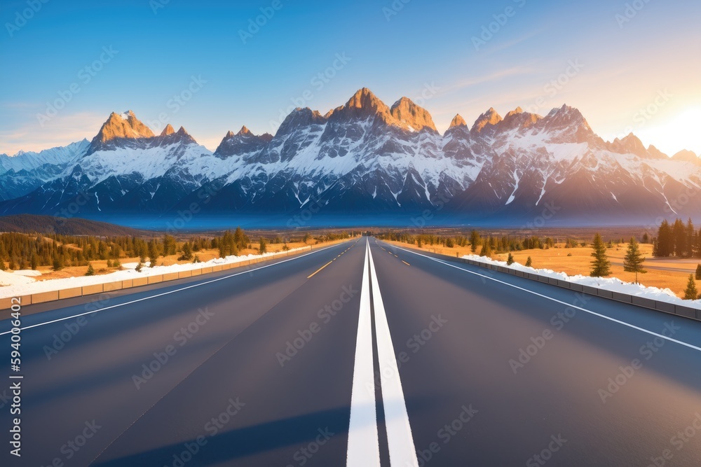 A long straight road leading towards a snow capped mountain, generative ai