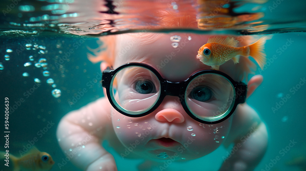 underwater in the pool, close-up portrait of a baby with goggles diving underwater with fish, image created with ia