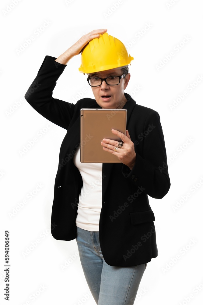 Engineer woman looking at the tablet with a shocked face on white background Engineer woman looking at the tablet with a shocked face on white background