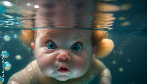 baby in the pool, close-up portrait of a baby diving underwater, image created with ia